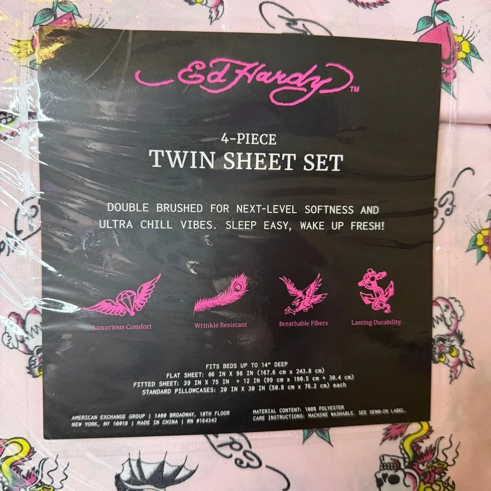 New Ed Hardy Twin 4 Pc Double Brushed Sheet Set Pink Dragon Skull Bedding Y2K